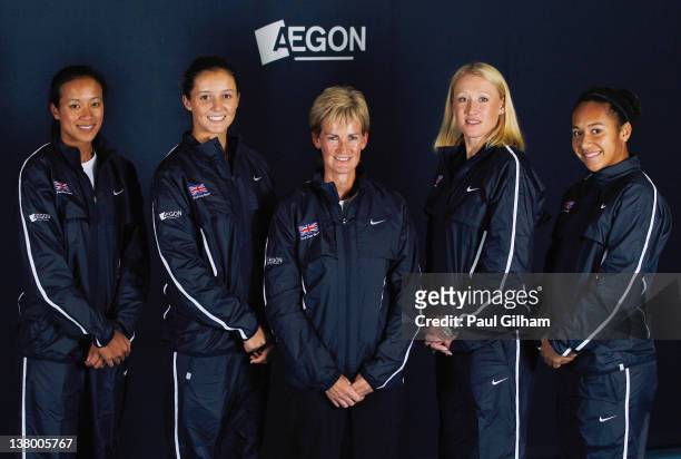 Anne Keothavong, Laura Robson, Team Captain Judy Murray, Elena Baltacha and Heather Watson of the AEGON GB Fed Cup Team pose on January 25, 2012 in...