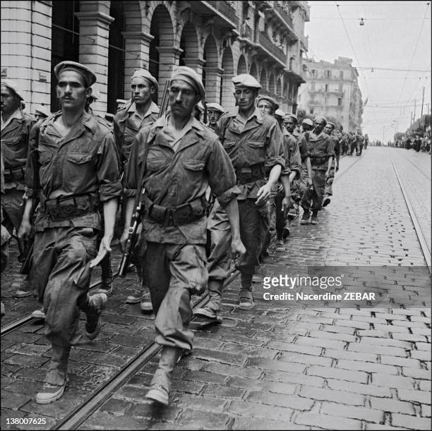 During the Battle of Algiers, French paratroopers marching Algiers during June 1957 in Algiers, Algeria.