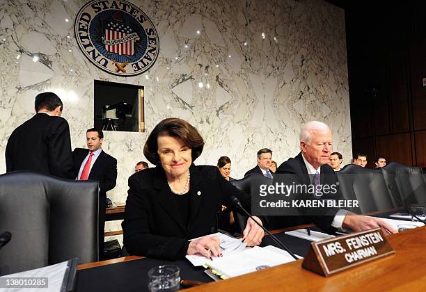Committee chair, Sen Diane Feinstein,D-CA, and co-chair Sen. Saxby Chambliss, R-GA, are seated prior to the US Senate Intelligence Committee holding...