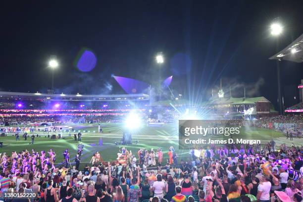 Crowds inside the SCG watch the participants during the 44th Sydney Gay and Lesbian Mardi Gras Parade on March 05, 2022 in Sydney, Australia. The...