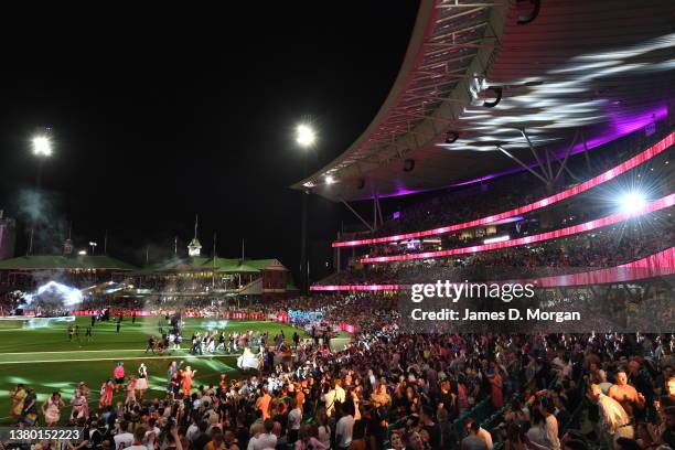 Crowds inside the SCG watch the participants during the 44th Sydney Gay and Lesbian Mardi Gras Parade on March 05, 2022 in Sydney, Australia. The...