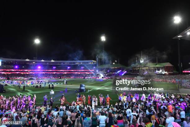 Crowds inside the SCG watch the participants during the 44th Sydney Gay and Lesbian Mardi Gras Parade on March 05, 2022 in Sydney, Australia. The...