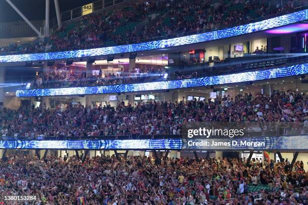 Crowds inside the SCG watch the participants during the 44th Sydney Gay and Lesbian Mardi Gras Parade on March 05, 2022 in Sydney, Australia. The...