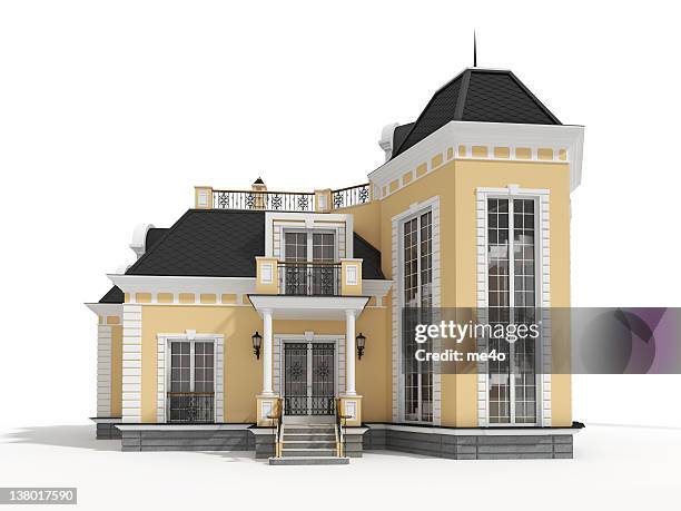 3d classic house model isolated on white,front view - iron railings stock pictures, royalty-free photos & images