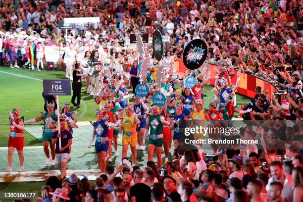 Parade goers take part during the 44th Sydney Gay and Lesbian Mardi Gras Parade on March 05, 2022 in Sydney, Australia. The Sydney Gay and Lesbian...