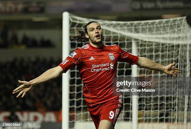 Andy Carroll of Liverpool celebrates his goal during the Barclays Premier League match between Wolverhampton Wanderers and Liverpool at Molineux on...