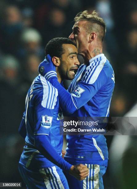 Jose Bosingwa of Chelsea celebrates his goal with Raul Meireles of Chelsea during the Barclays Premier League match between Swansea City and Chelsea...