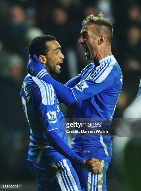 Jose Bosingwa of Chelsea celebrates his goal with Raul Meireles of Chelsea during the Barclays Premier League match between Swansea City and Chelsea...