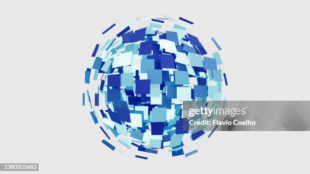 globe made from squares expanding on white background - exchanging information stock pictures, royalty-free photos & images