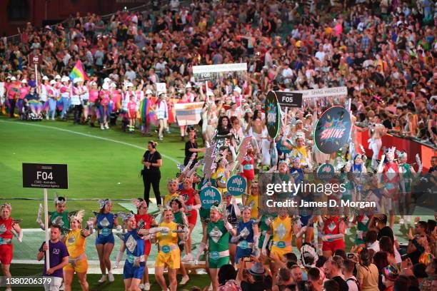 Groups of participants walk around the SCG during the 44th Sydney Gay and Lesbian Mardi Gras Parade on March 05, 2022 in Sydney, Australia. The...