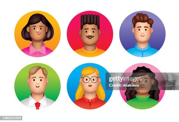 ilustraciones, imágenes clip art, dibujos animados e iconos de stock de avatares 3d en círculos - personaje 3d