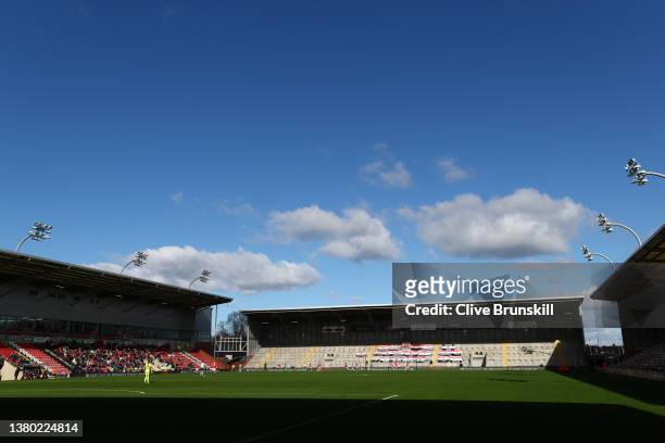 General view inside the stadium during the Barclays FA Women's Super League match between Manchester United Women and Leicester City Women at Leigh...