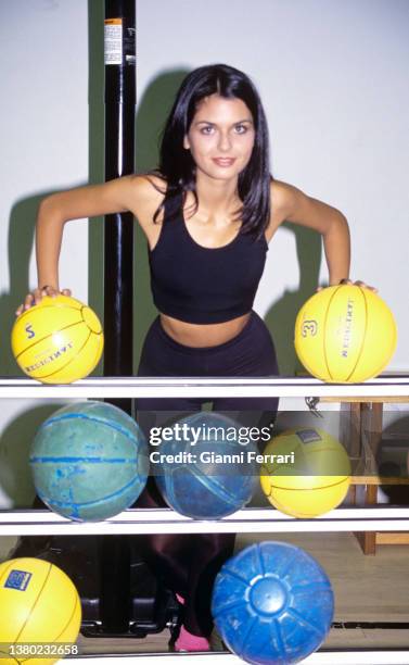 Maria Reyes, Miss Spain 1995, in a gym, Madrid, Spain, 1995.
