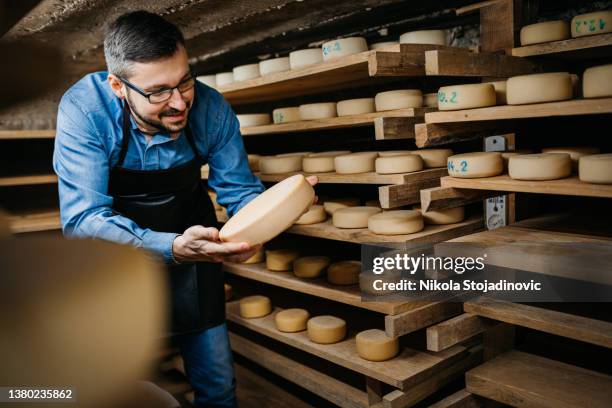 fabricante de quesos en el almacén con estantes llenos de queso de vaca y cabra - queso en forma redonda fotografías e imágenes de stock