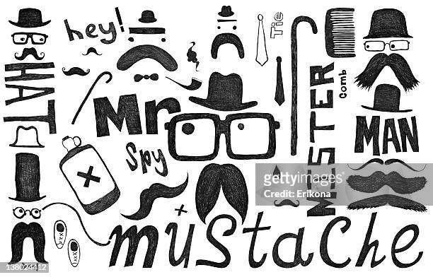 illustrations, cliparts, dessins animés et icônes de moustache, chapeau, lunettes scrawl - mustache