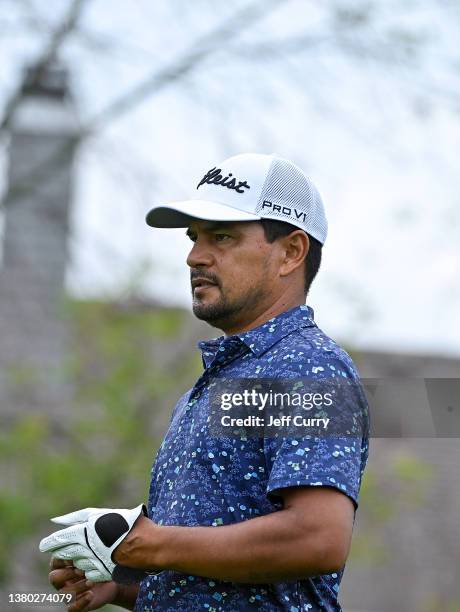 Fabian Gomez of Argentina looks on after hitting his tee shot on the first hole during the third round of the Memorial Health Championship presented...