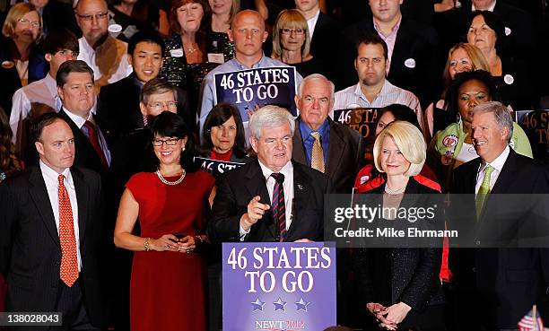 Republican presidential candidate, former Speaker of the House Newt Gingrich speaks as his wife Callista looks on during his Florida primary night...