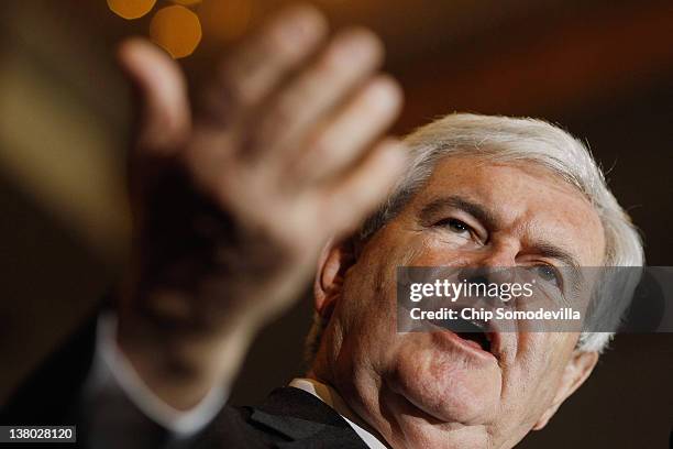 Republican presidential candidate, former Speaker of the House Newt Gingrich speaks during his Florida primary night party January 31, 2012 in...