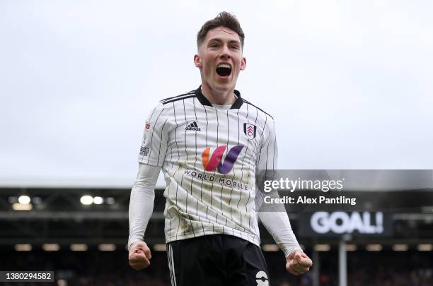 Harry Wilson of Fulham celebrates after scoring their side's second goal during the Sky Bet Championship match between Fulham and Blackburn Rovers at...
