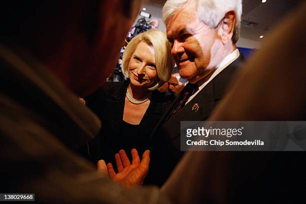 Republican presidential candidate, former Speaker of the House Newt Gingrich and his wife Callista Gingrich talk with supporters during his Florida...