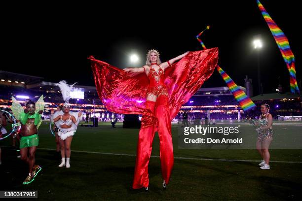 Parade goers march inside the Sydney Cricket Ground during the 44th Sydney Gay and Lesbian Mardi Gras Parade on March 05, 2022 in Sydney, Australia....