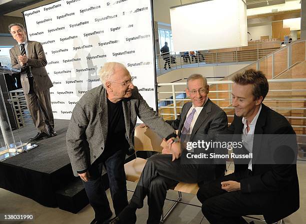 Signature Theatre Founding Artistic Director James Houghton, Architect Frank Gehry, Steve Rossen and Actor Edward Norton attend The Pershing Square...