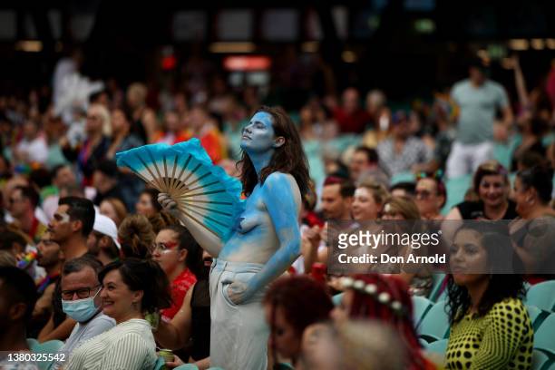 Section of the crowd is seen inside the SCG during the 44th Sydney Gay and Lesbian Mardi Gras Parade on March 05, 2022 in Sydney, Australia. The...