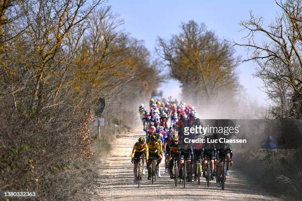 General view of the peloton passing through gravel roads landscape during the Eroica - 8th Strade Bianche 2022 - Women's Elite a 136km one day race...