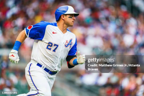 Austin Riley of the Atlanta Braves hits a double in the eighth inning against the Miami Marlins at Truist Park on July 1, 2023 in Atlanta, Georgia.