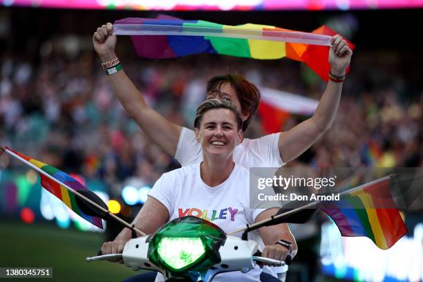 Parade goers ride inside the Sydney Cricket Ground during the 44th Sydney Gay and Lesbian Mardi Gras Parade on March 05, 2022 in Sydney, Australia....