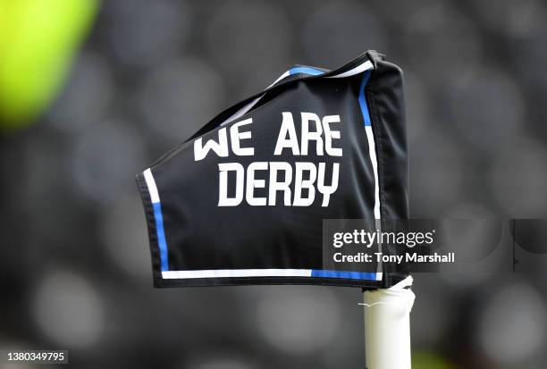 Corner flag at Pride Park Stadium during the Sky Bet Championship match between Derby County and Barnsley at Pride Park Stadium on March 05, 2022 in...