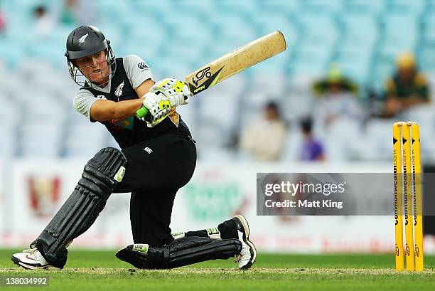 Liz Perry of New Zealand plays a sweep shot during the women's International Twenty20 match between the Australian Southern Stars and New Zealand at...