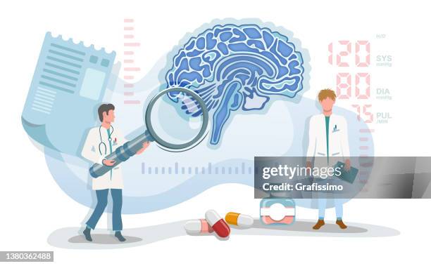 flat vector illustration two doctor scientific research with human brain - two scientists stock illustrations