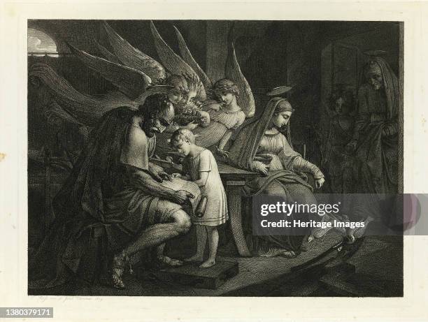 The Holy Family Busy at Home: Joseph Teaches the Boy Jesus to Read. Mary Feeds the Pigeons. Elizabeth Enters the Room with John, 1809. Artist Carl...