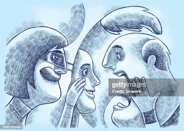 man shocking and screaming with wig off while woman unmasking face - male hair removal stock illustrations