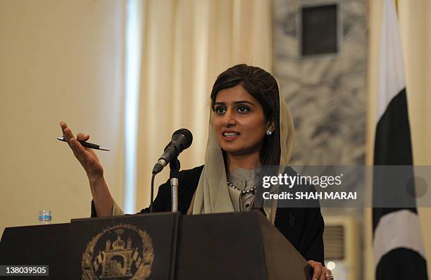 Pakistan foreign minister Hina Rabbani Khar talks during a joint press conference with Afghan counterpart Zalmai Rasool at the Foreign Ministry in...