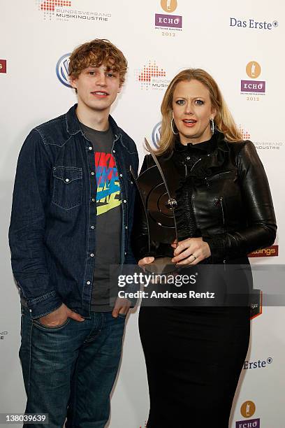 Singer Tim Bendzko and moderator Barbara Schoeneberger attend the ECHO 2012 press conference on February 1, 2012 in Berlin, Germany. The ECHO Award...