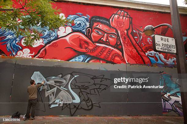 General view of graffiti street art covering the main wall of the old Central Bus station at Rue des Pyrenees on January 7, 2012 in Paris, France....