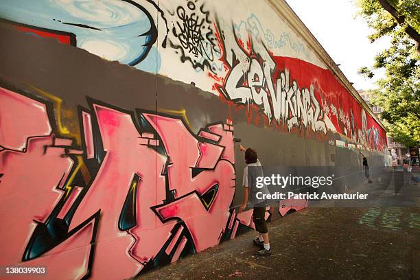 General view of graffiti street art covering the main wall of the old Central Bus station at Rue des Pyrenees on January 7, 2012 in Paris, France....