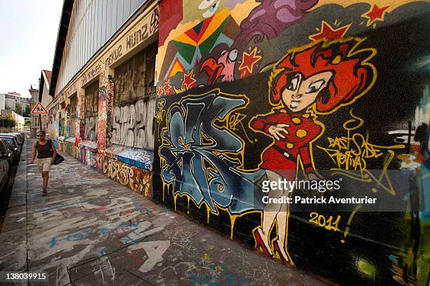 General view of graffiti street art covering the main wall of the old Central Bus station at Rue des Pyrenees on January 7, 2012 in Paris, France....