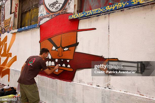 General view of graffiti street art covering the main wall of the old Central Bus station at Rue des Pyrenees on January 7, 2012 in Paris, France....