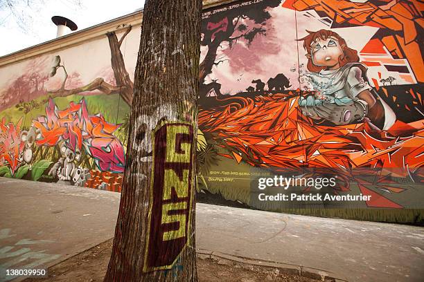 General view of graffiti street art covering the main wall of the old Central Bus station at Rue des Pyrenees on January 7, 2012 in Paris, France....