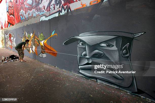 General view of graffiti street art covering the main wall of the old Central Bus station at Rue des Pyrenees on January 7, 2012 in Paris, France....