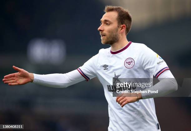 Christian Eriksen of Brentford gives instructions during the Premier League match between Norwich City and Brentford at Carrow Road on March 05, 2022...