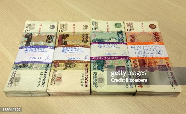 Bundles of Russian ruble mixed denomination notes are seen in this ...