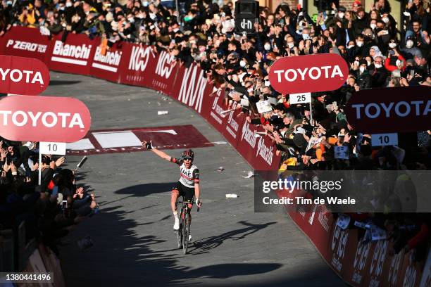 Tadej Pogacar of Slovenia and UAE Team Emirates celebrates winning during the Eroica - 16th Strade Bianche 2022 - Men's Elite a 184km one day race...