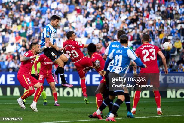 Leandro Cabrera of RCD Espanyol scores the opening goal during the LaLiga Santander match between RCD Espanyol and Getafe CF at RCDE Stadium on March...