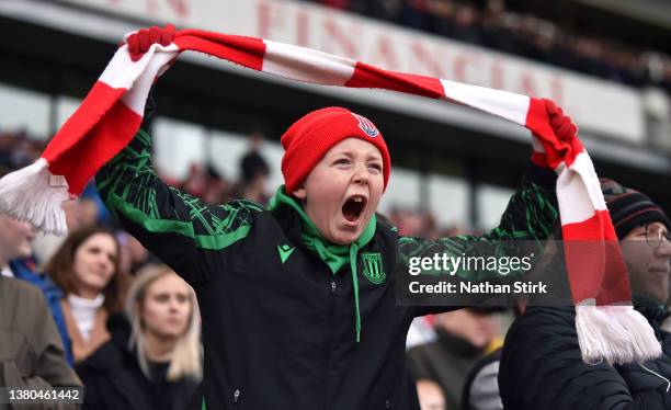 Stoke City fan reacts during the Sky Bet Championship match between Stoke City and Blackpool at Bet365 Stadium on March 05, 2022 in Stoke on Trent,...