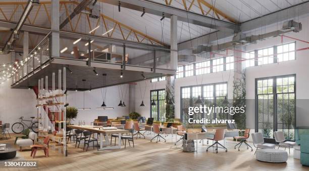 eco-friendly open plan office in 3d - large imagens e fotografias de stock