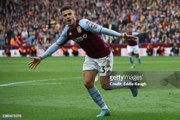 Philippe Coutinho of Aston Villa celebrates after scoring their side's third goal during the Premier League match between Aston Villa and Southampton...